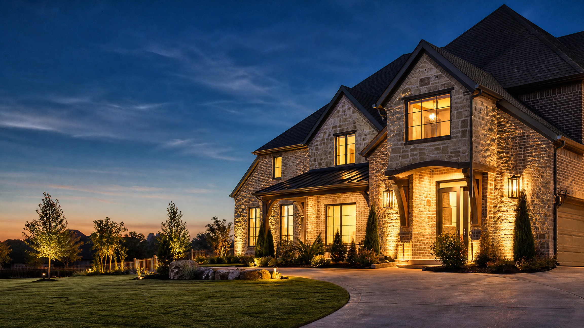 Modern stone and brick North Texas home at dusk